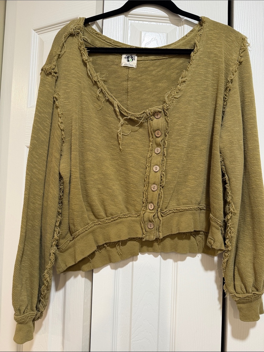 We The Free Olive Button-Front Distressed Cropped Sweatshirt